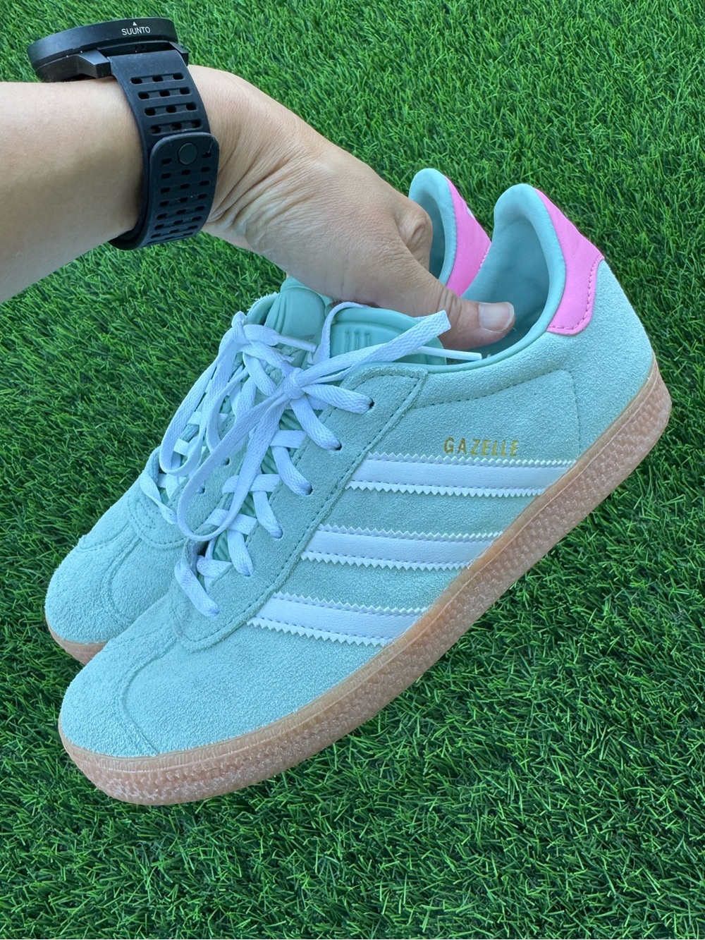 Adidas Gazelle Mint Green Suede Pink Sneakers (US 7, EU 38) - Picture 7 of 12